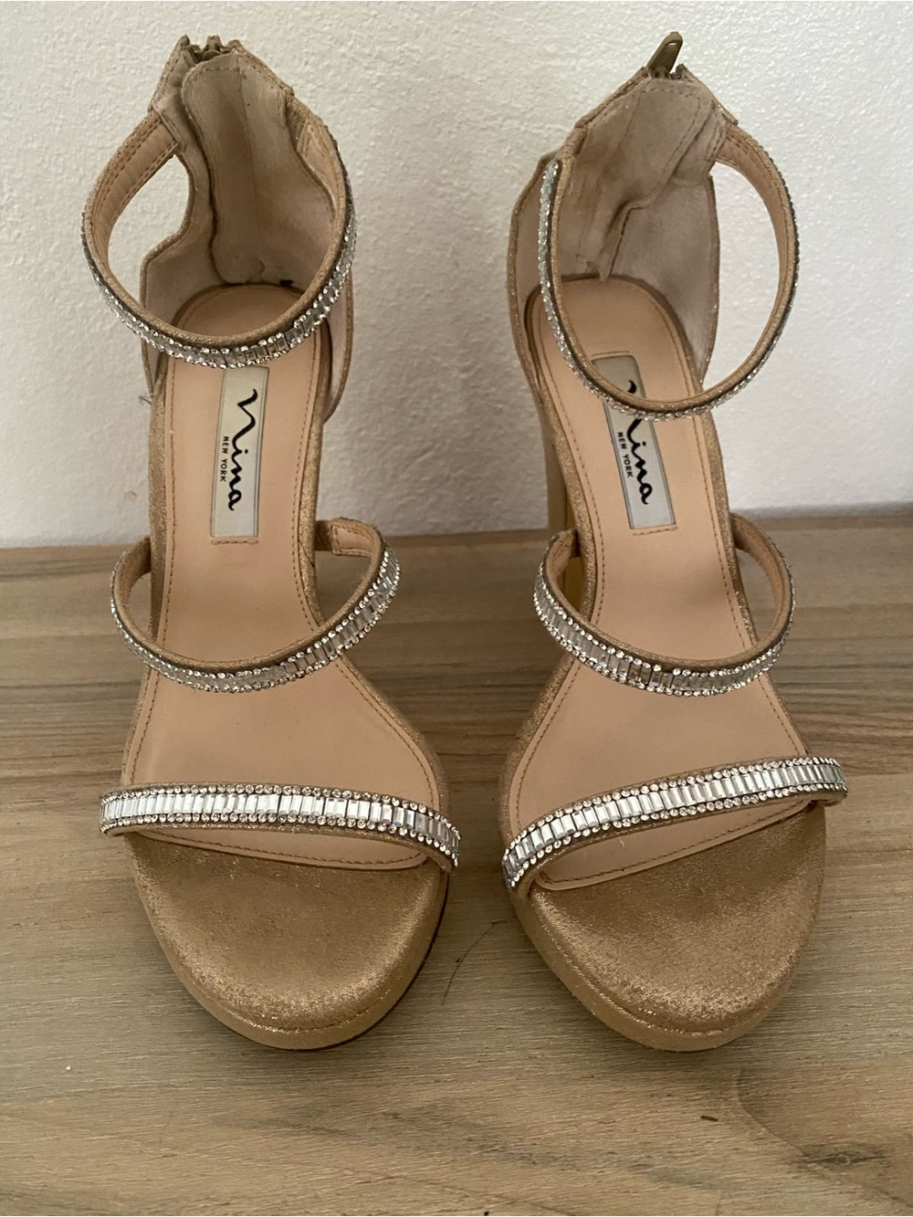Nina Champagne Rhinestone Strappy Platform Heels